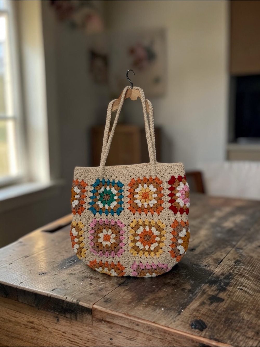 Handmade Crochet Tote Bag in Cream with Multicolor Squares